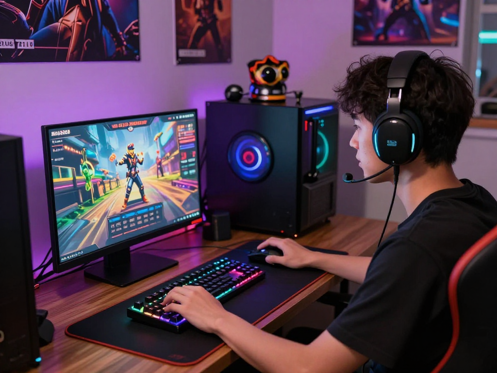 situs raja328 user enjoying an immersive gaming experience on laptop with colorful graphics and vibrant gaming setup