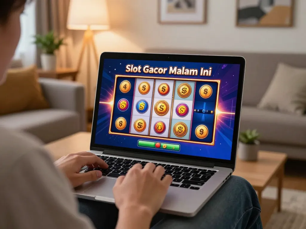 Engaging gameplay on slot gacor malam ini interface on laptop, showcasing vibrant reels and user interaction.
