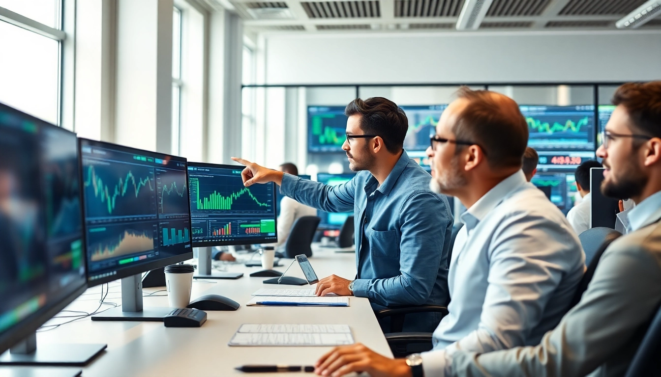 Sway markets traders analyzing charts in a modern office environment, showcasing dynamic fluctuations.