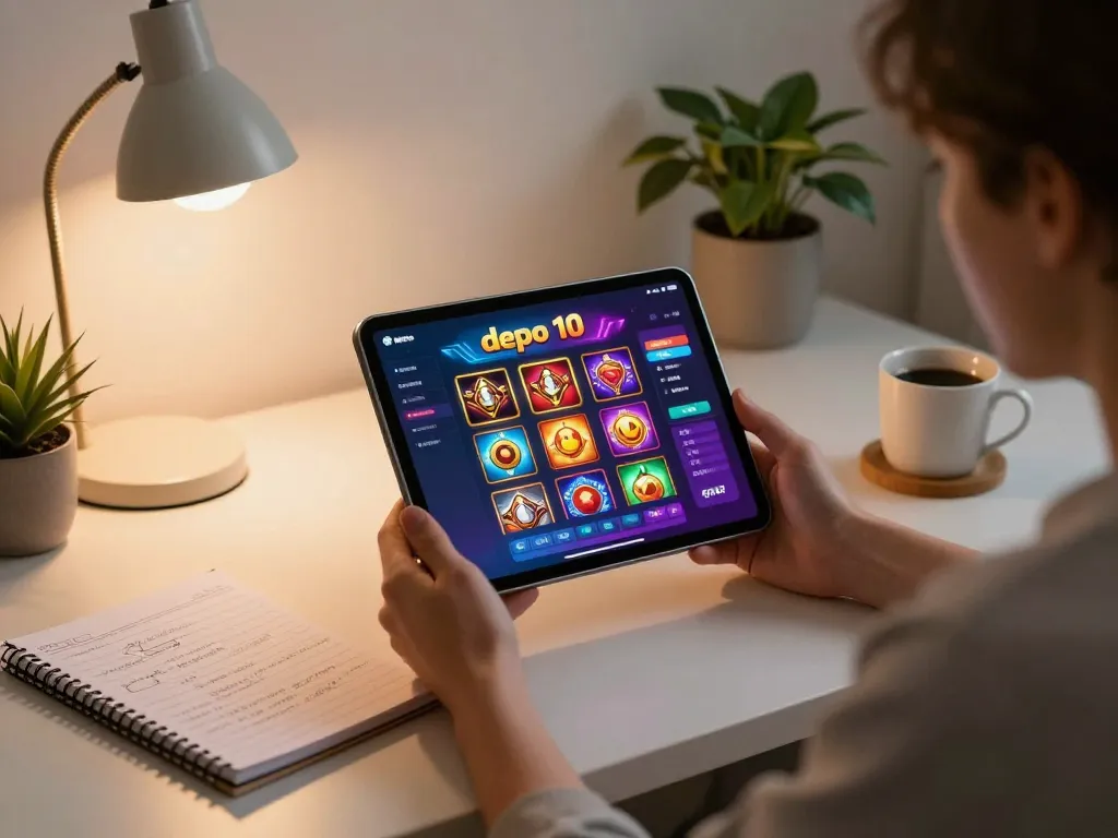 Engaging in slot depo 10 gaming on a tablet in a cozy home setting with strategic notes