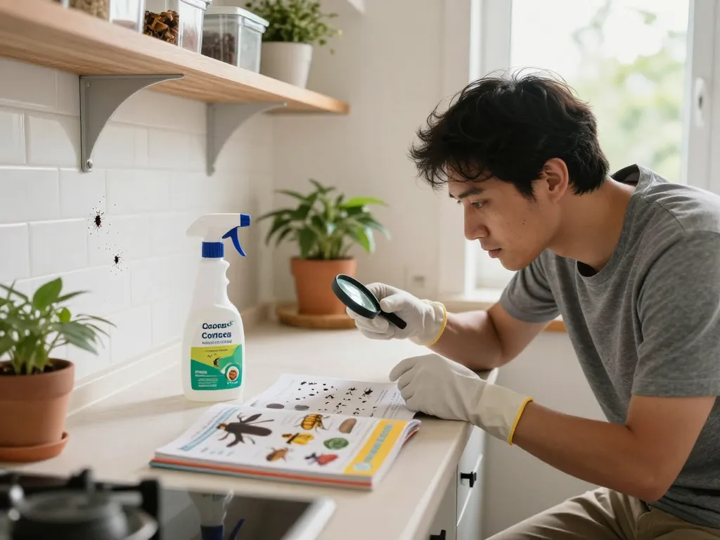 Homeowner using pest control tips to inspect kitchen for pests, eco-friendly solutions visible.