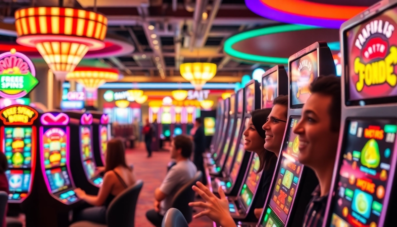 Engaging casino atmosphere showcasing free spins bonuses on slot machines, highlighting player excitement and wins.