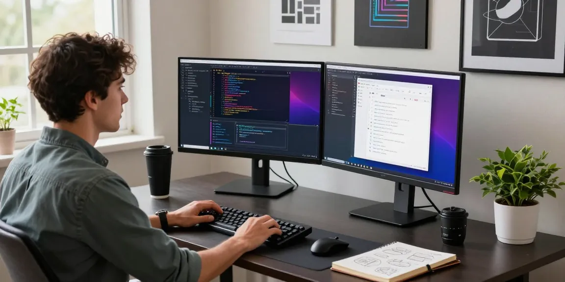 Innovative tech workspace with a developer coding and using telegram中文版下载 on dual monitors.