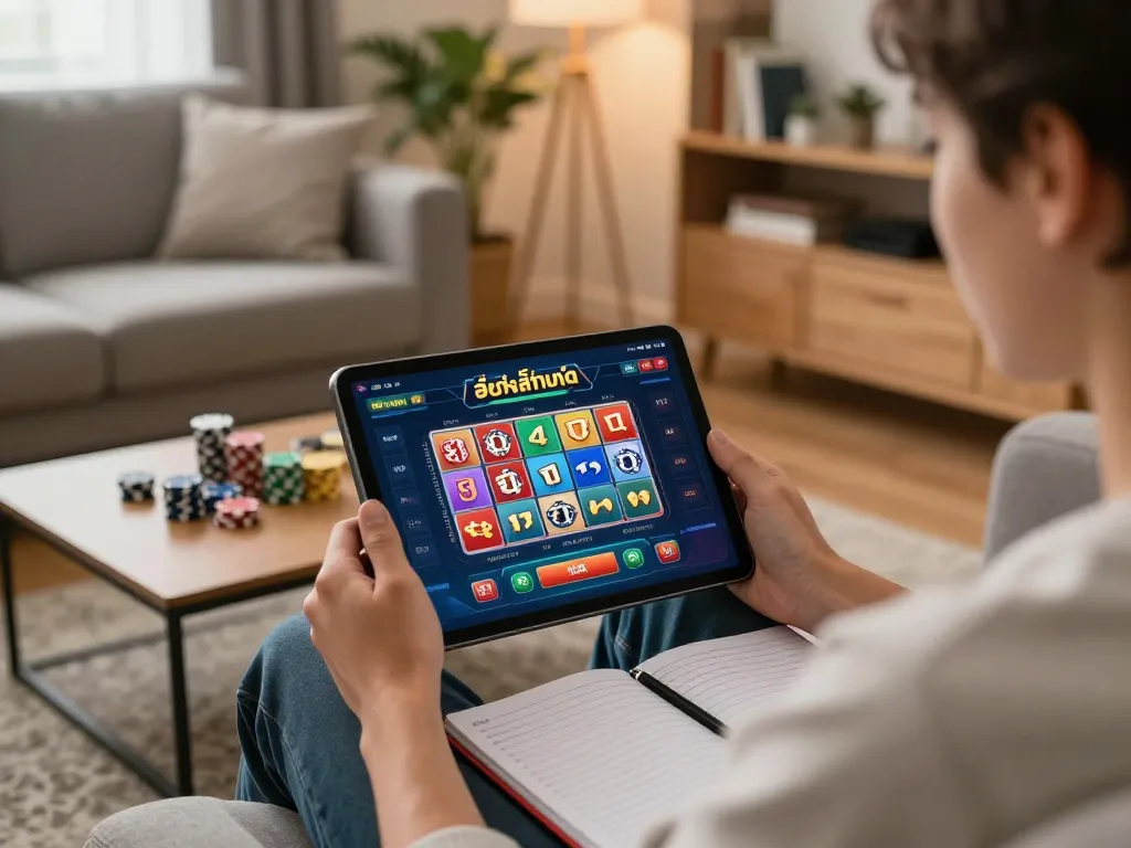 Engaged player using สล็อตทดลอง on their tablet in a cozy home setting with strategic notes visible