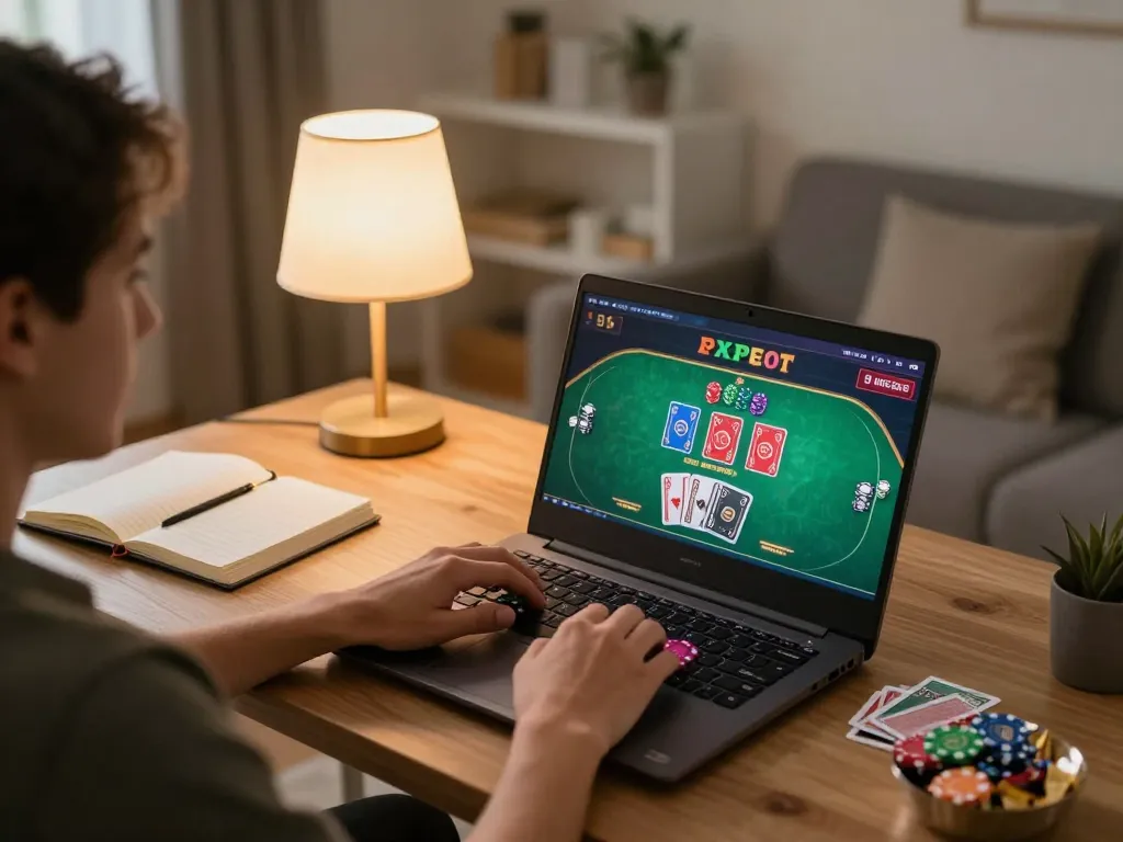 Engage in nutri health experience with poker gameplay at home using a laptop.