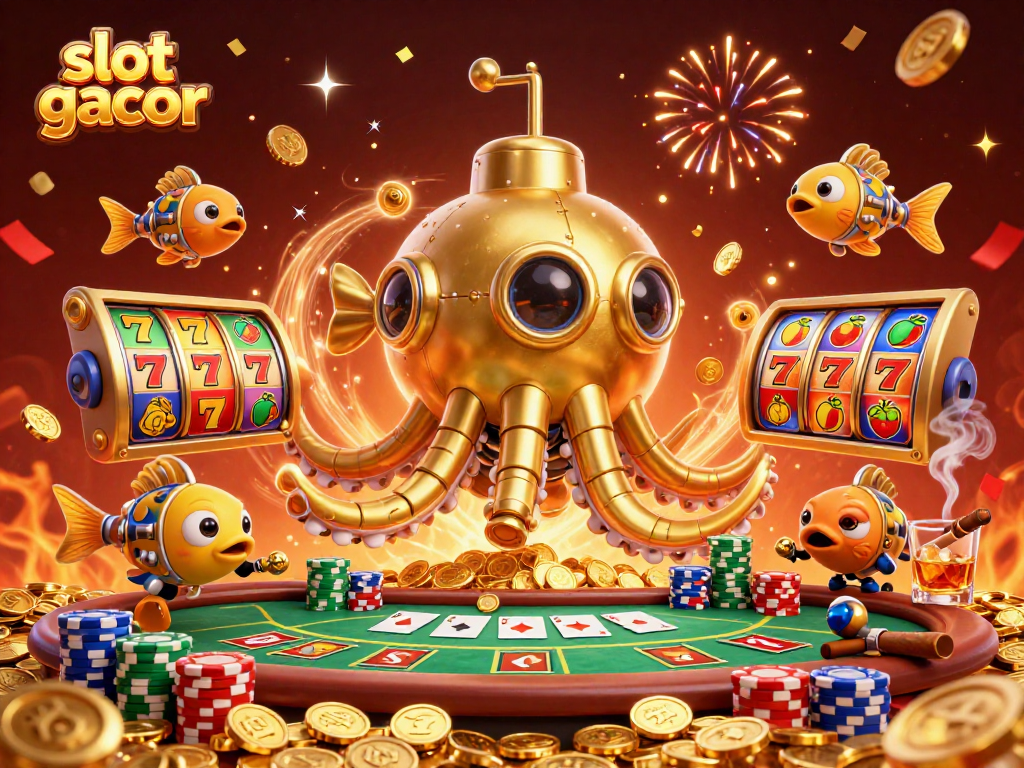 Experience big wins at slot gacor with thrilling 3D casino illustration of a golden kraken and cartoon fish.