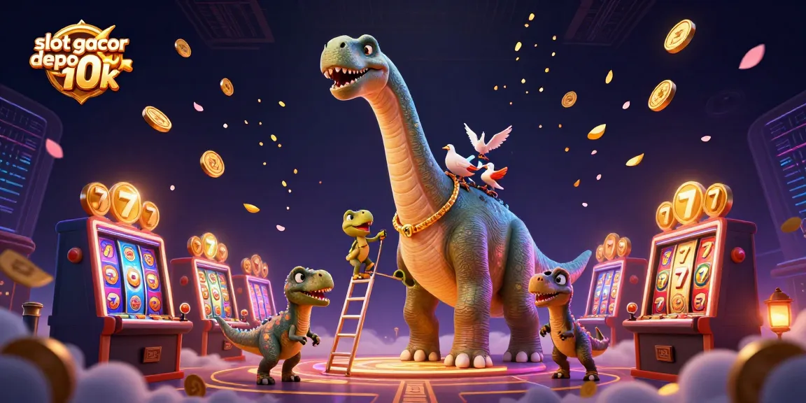 Slot gacor depo 10k menciptakan suasana ceria dengan dino 3D raksasa dan permainan slot yang berkilau.