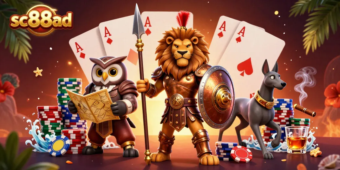 Experience thrilling gameplay with sc88ad as a cartoon Spartan lion leads an energetic poker scene.