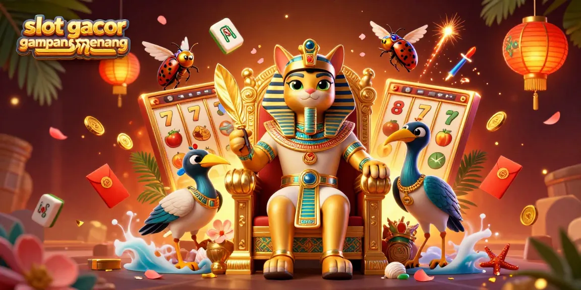 Memainkan slot gacor gampang menang dengan kucing firaun dan elemen casino meriah.