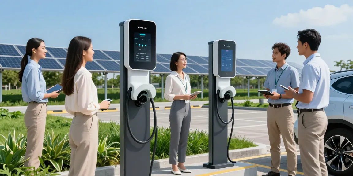 Dynamic scene of an EV charger manufacturer showcasing advanced charging solutions in a modern setting.