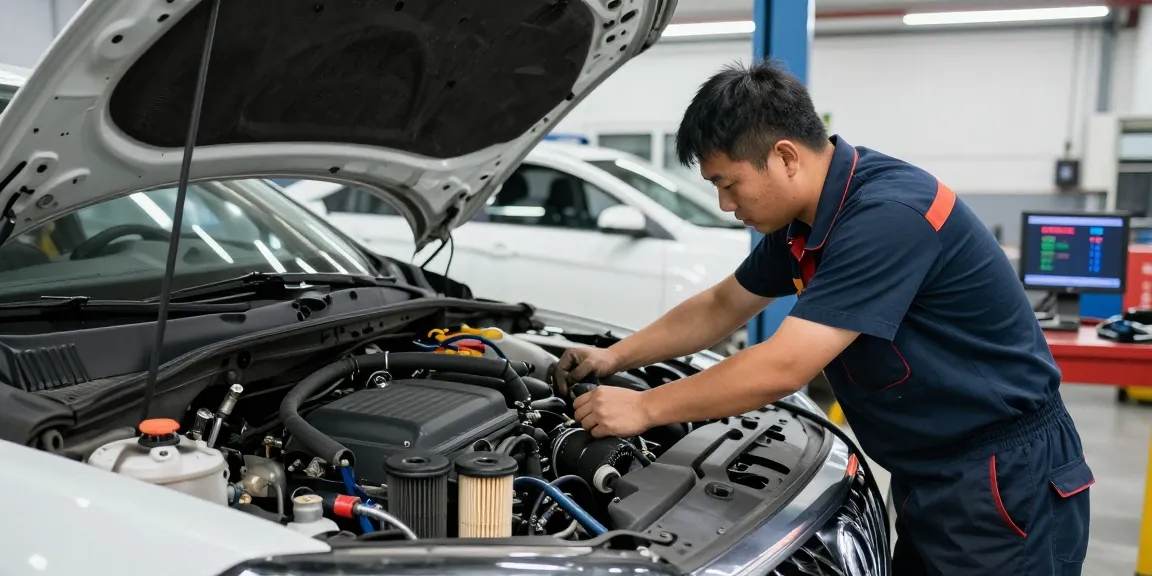 Mechanic addressing contamination in fuel tank with professional tools in modern garage.