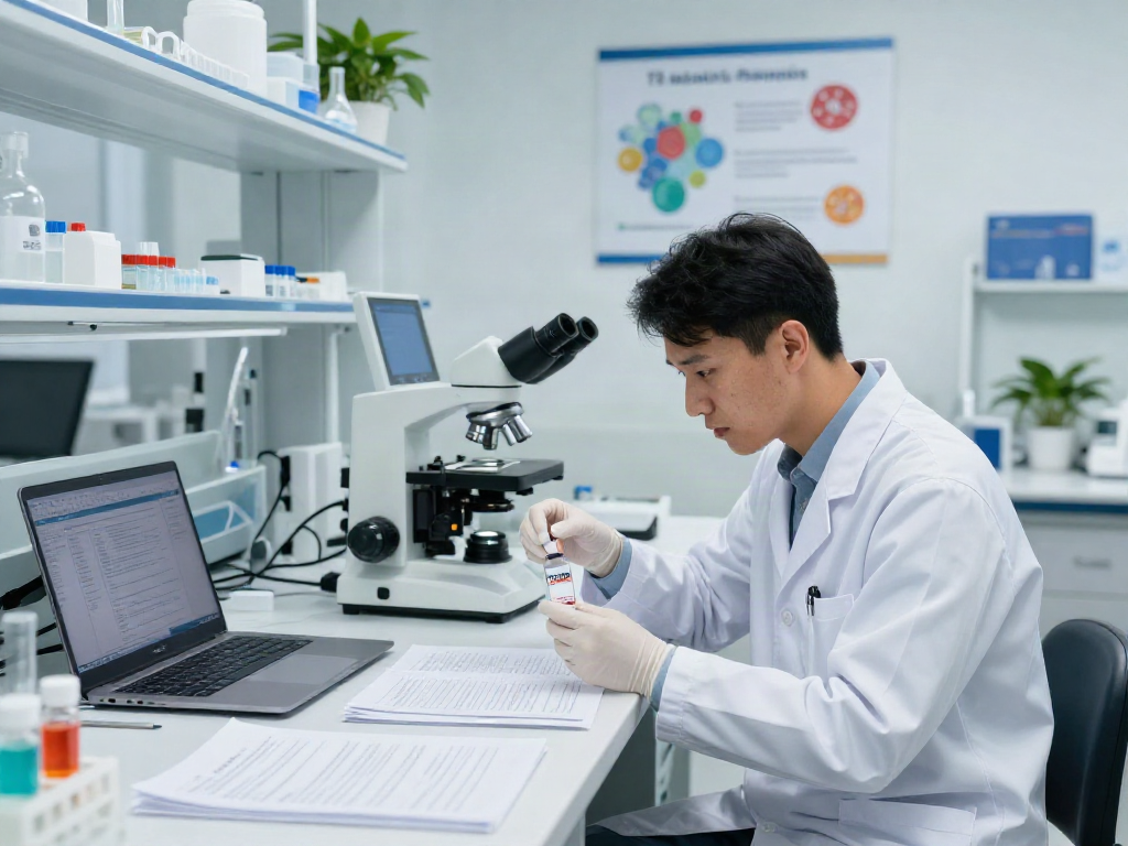 Scientist analyzing TB-500 research peptides in a modern lab setting with advanced equipment.