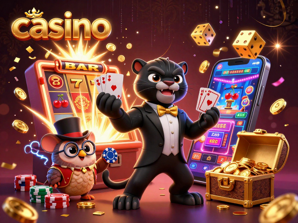 Engaging scene featuring a stylish casino with a black panther, owl, and mouse surrounded by exciting slot machines and vibrant game elements.