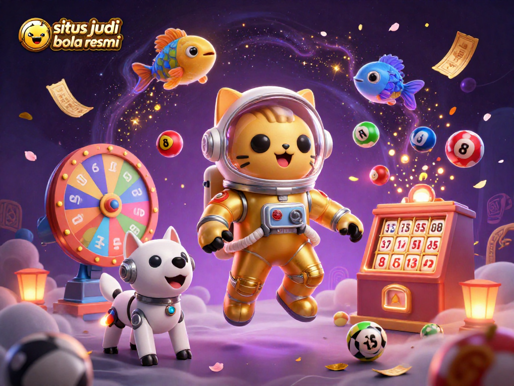 Experience thrilling sports betting with situs judi bola resmi in a vibrant 3D illustration of dynamic gaming elements.