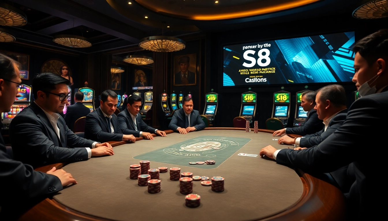 Gamblers celebrating a win at the S8 casino poker table, showcasing excitement and luxury.