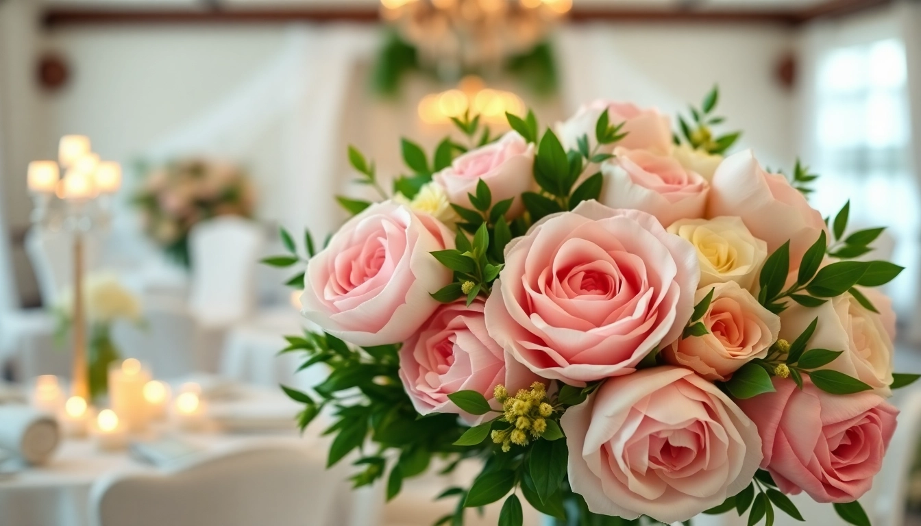Admire stunning wedding flowers arranged in a romantic bouquet with roses and peonies.