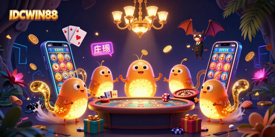 IDCWIN88 slots scene with glowworms illumining a casino, showcasing vibrant game features.