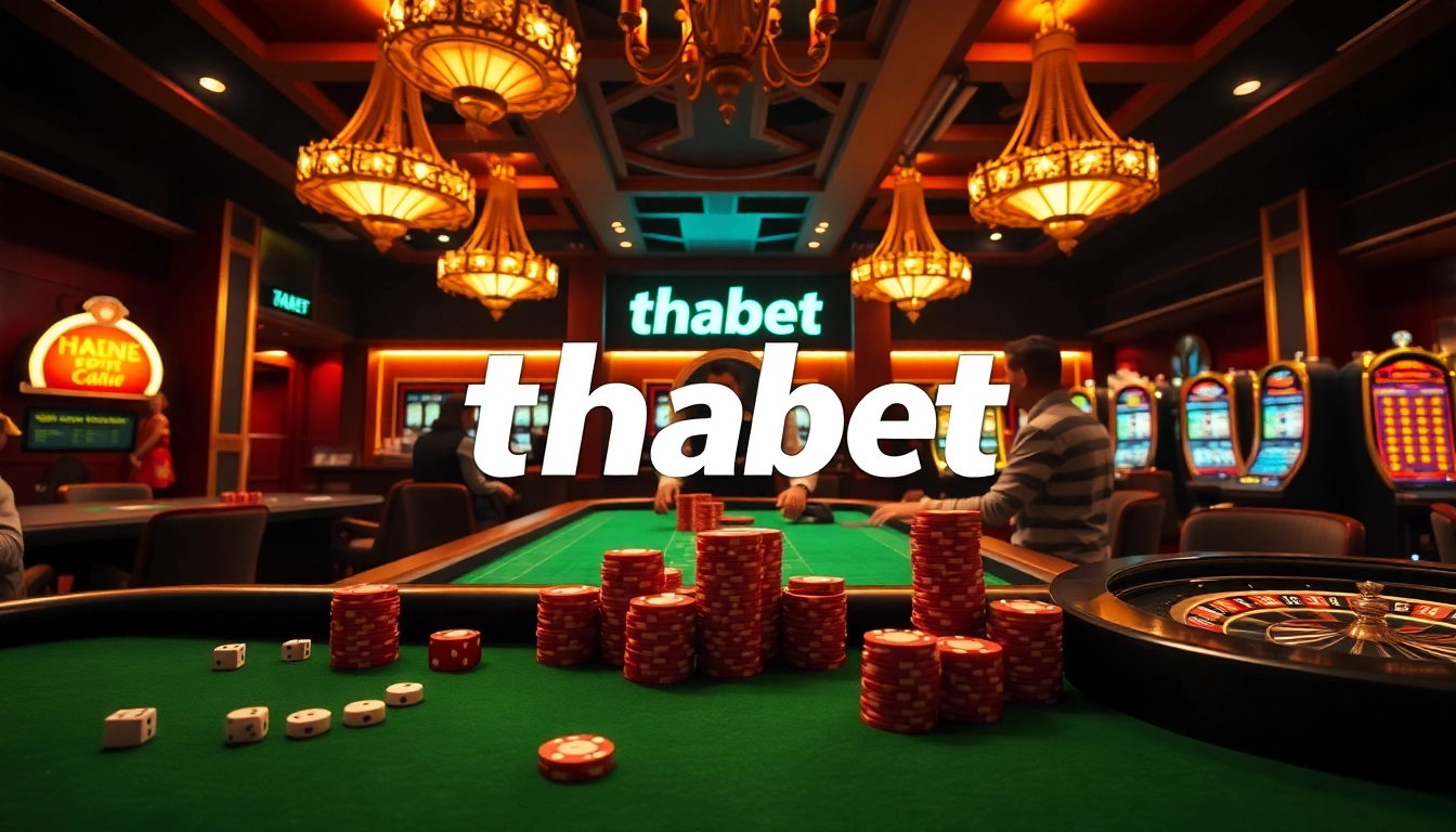 Experience the thrill of thabet in a luxurious casino setting with poker tables and neon slot machines.
