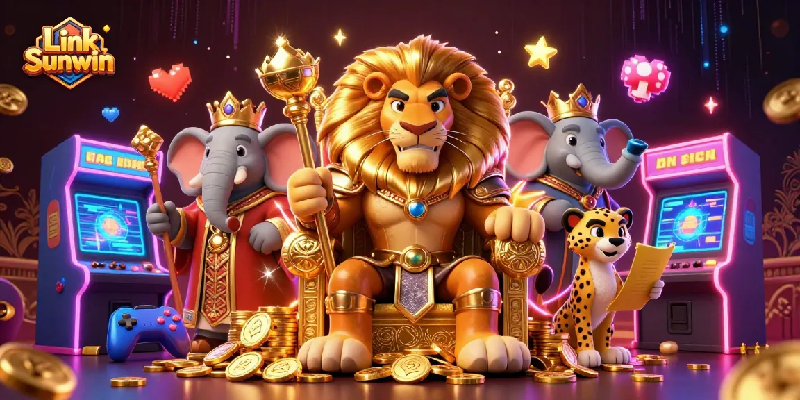 Join the gaming action with Link Sunwin, featuring vibrant 3D casino elements and regal characters.