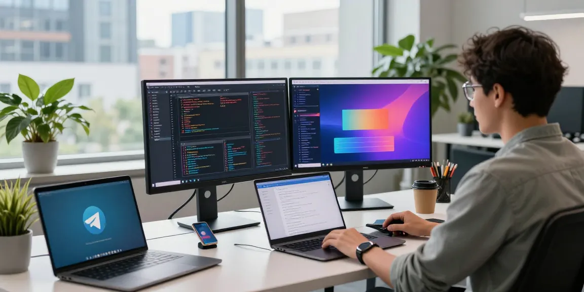 Dynamic tech workspace featuring telegram中文版下载 interface on laptop, vibrant coding displays, and natural lighting.
