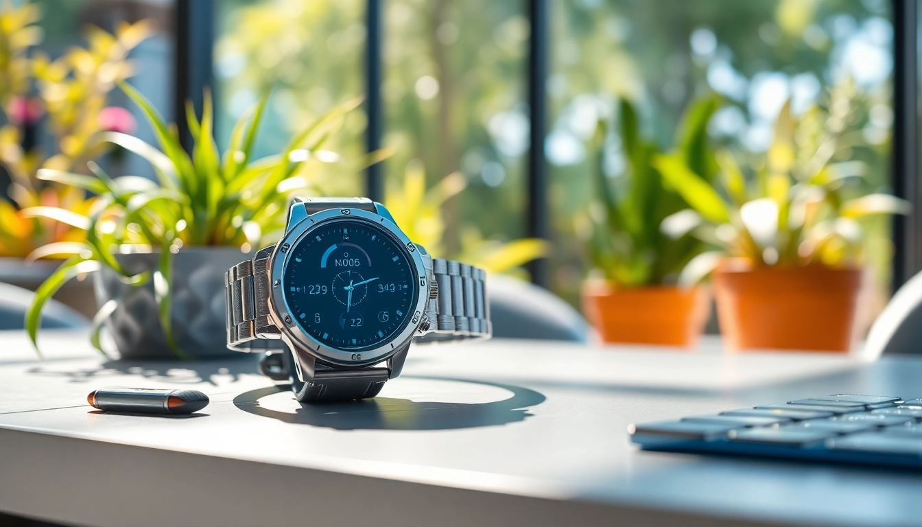 Showcase Explorer Plus GPS Smart Watch on a stylish desk with a natural setting in bright lighting.