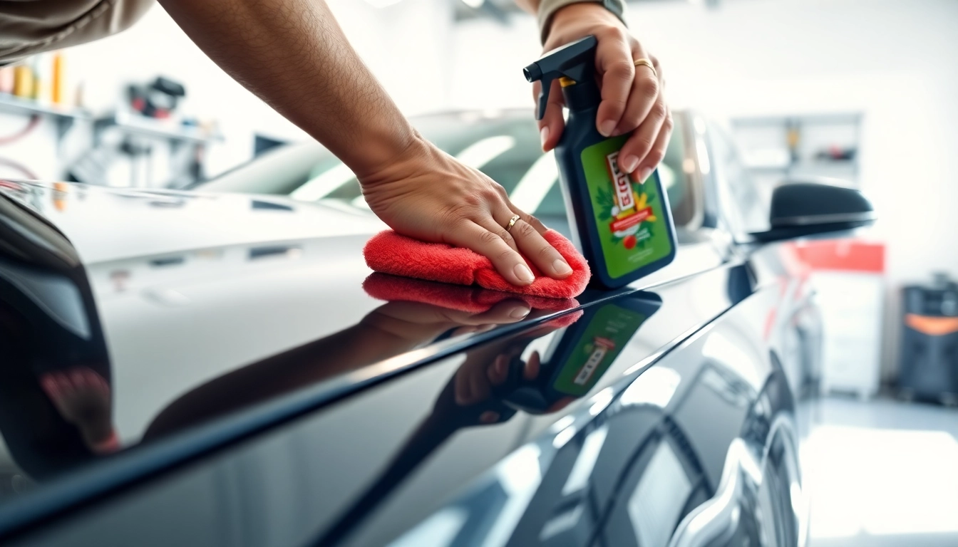 Applying car wax service near me to a pristine sedan in a well-lit garage setting.