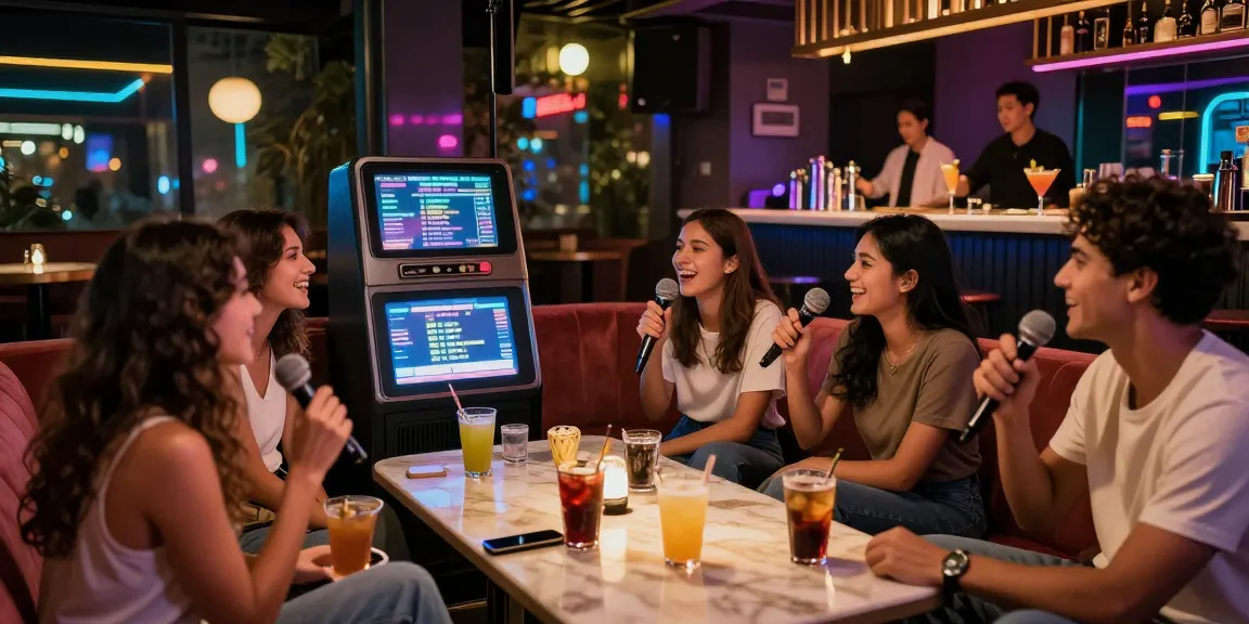Friends having fun at karaoke in vibrant lounge https://www.magic4karaoke.com/ with neon lights and lively atmosphere.