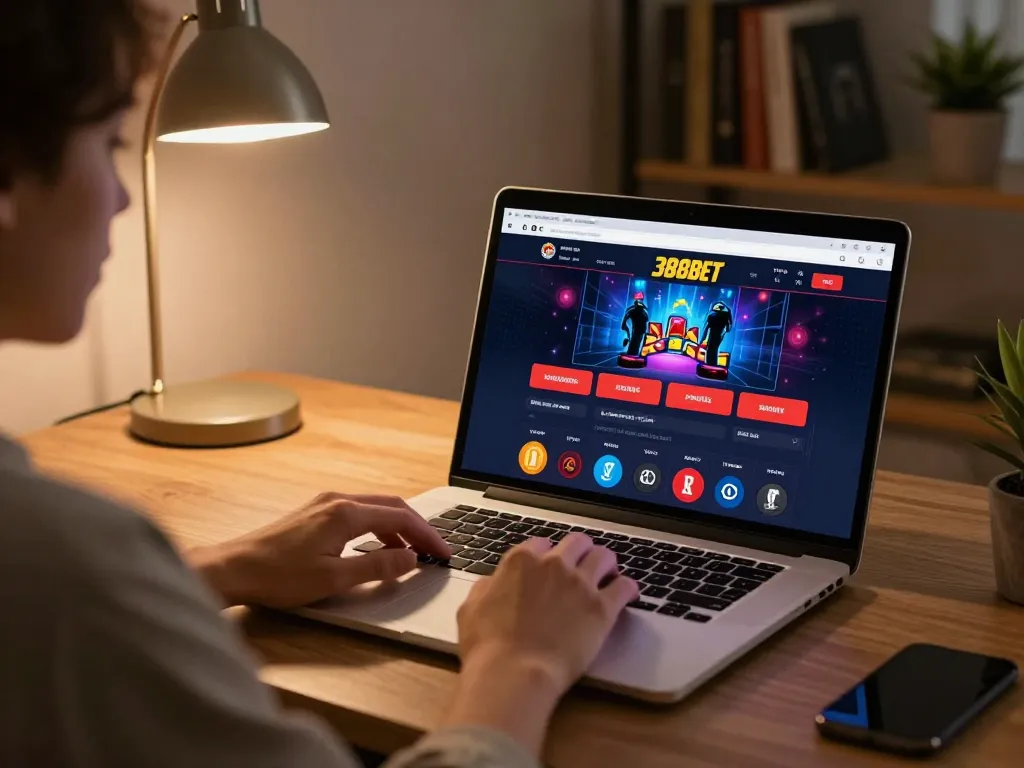 Engaging online gambling scene with a focused player using 388bet casino interface on laptop