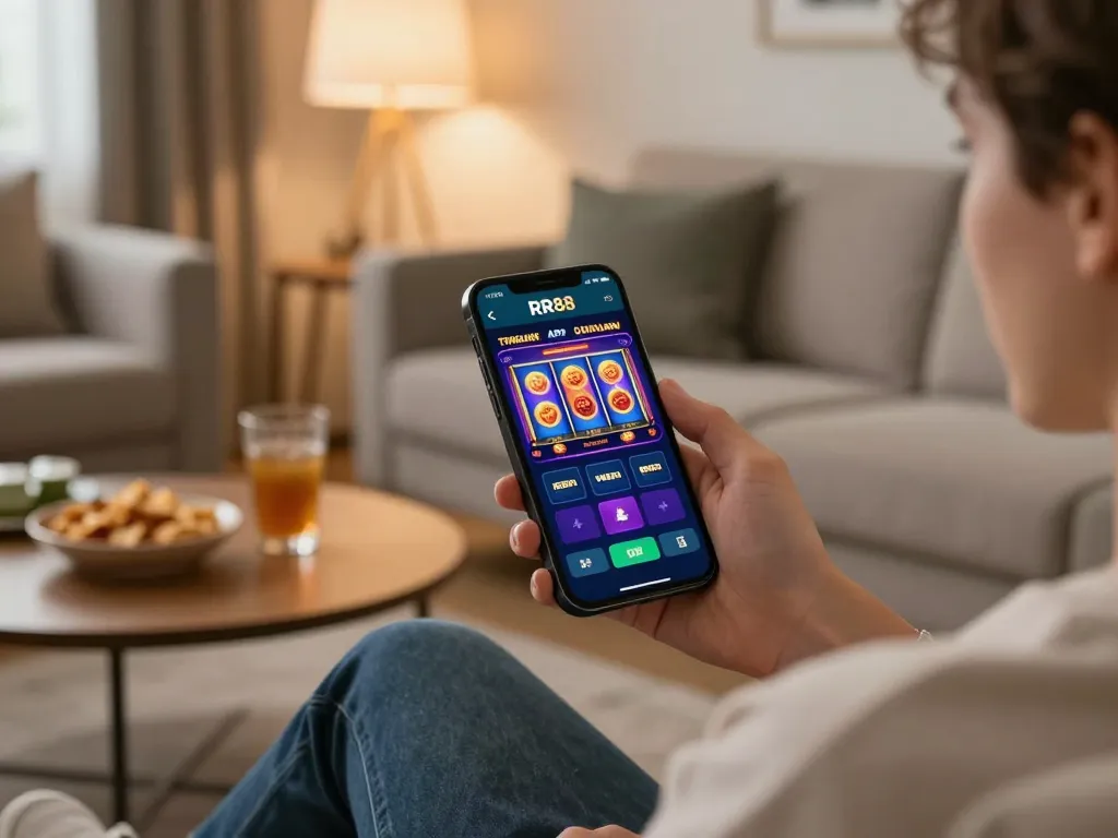 Using the RR88 App to play engaging online casino games in a stylish home setting.