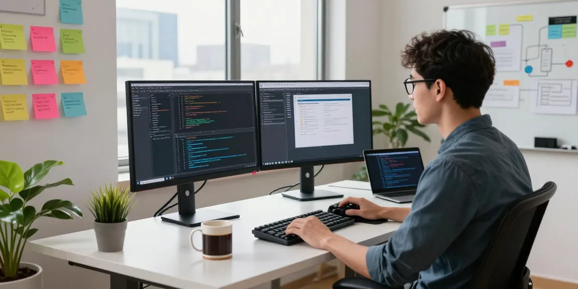 Dynamic workspace with developer coding on dual monitors at snipaste官网, showcasing creative tech environment.