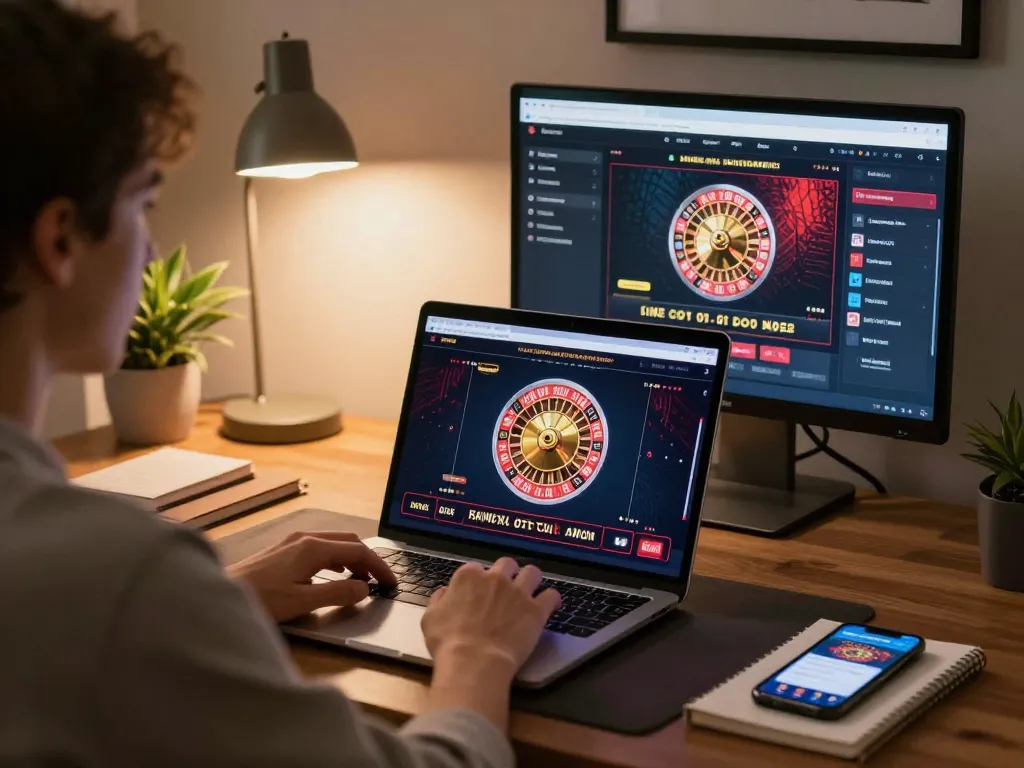 Person enjoying casino online stranieri sicuri gameplay on laptop in cozy home office setting