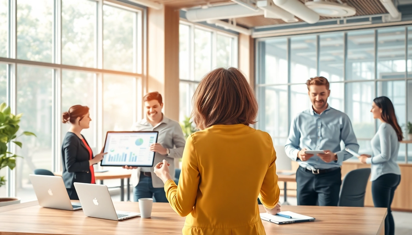 Engaging depiction of enterprise assistant software enhancing team productivity in a modern office environment.