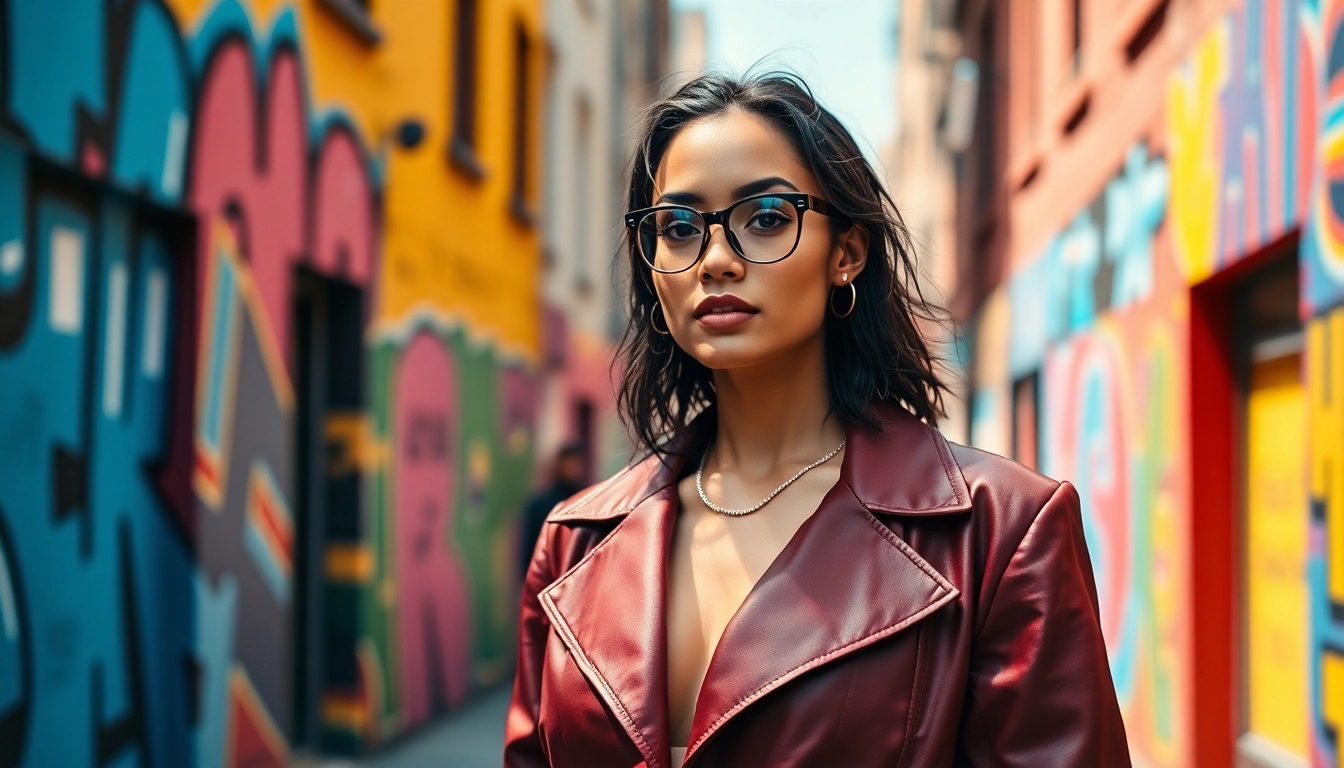 Explore fashion trends with a model showcasing a vibrant outfit against urban street art.