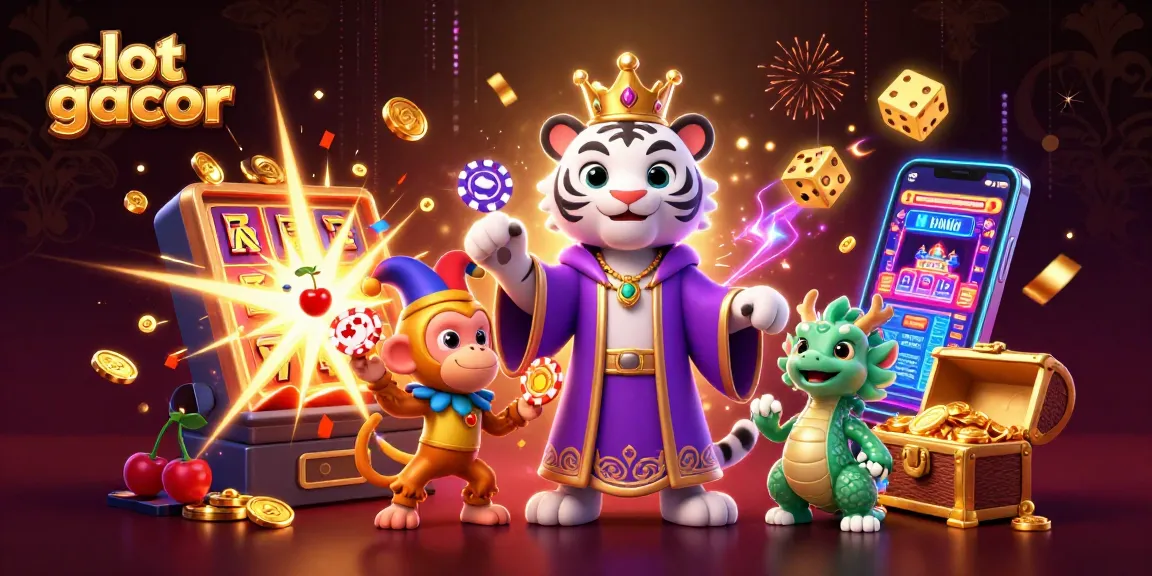 Engage with slot gacor in a vibrant illustration featuring a royal tiger, gaming elements, and animated excitement.