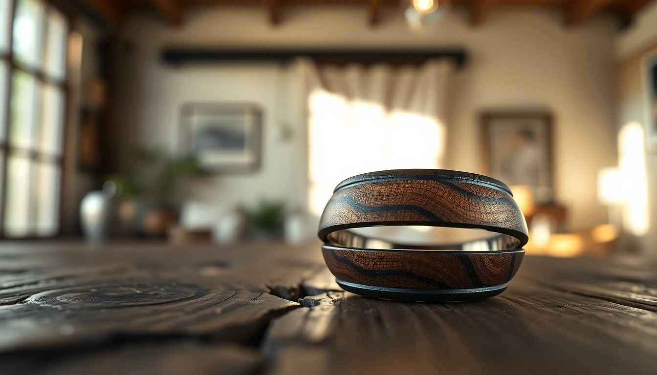 Showcasing exquisite Whiskey Barrel Wedding Bands with unique wood patterns on rustic background.
