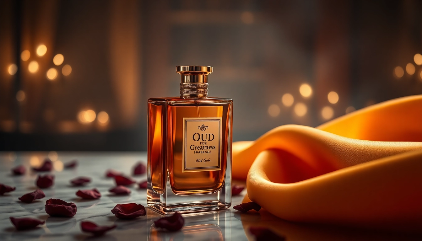 Admire the exquisite Oud for greatness fragrance bottle amidst rose petals, radiating luxury and sophistication.