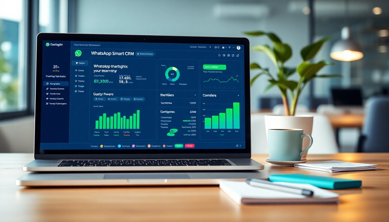 Showcasing a WhatsApp Smart CRM dashboard in a vibrant office setting for optimal user engagement.
