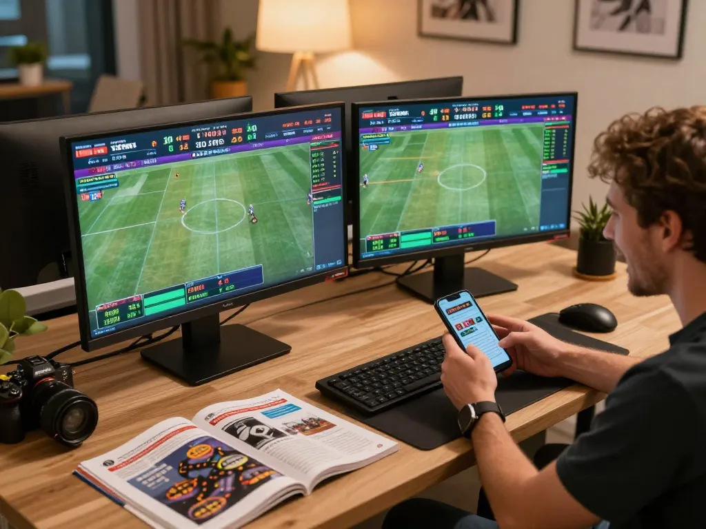 Engaging online sports betting scene showcasing kèo nhà cái on multiple screens and smartphone use.