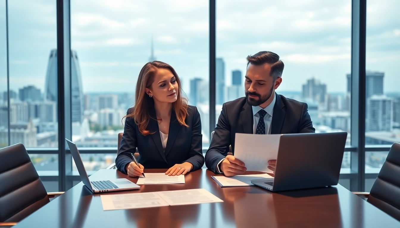 Couple discussing Family Law Financial Agreements in a modern office setting, emphasizing cooperation and clarity.