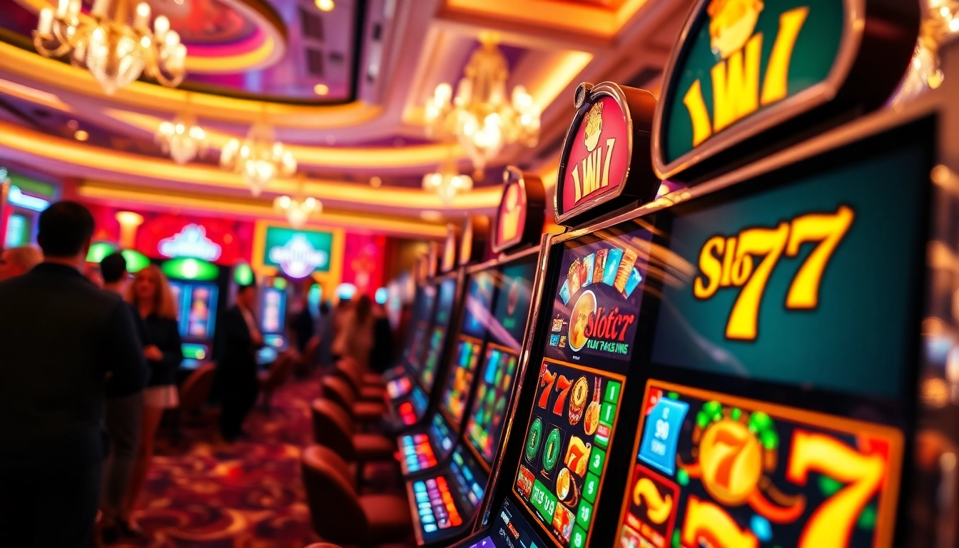Slot77 mesin permainan kasino yang menarik dengan warna cerah dan suasana penuh semangat.