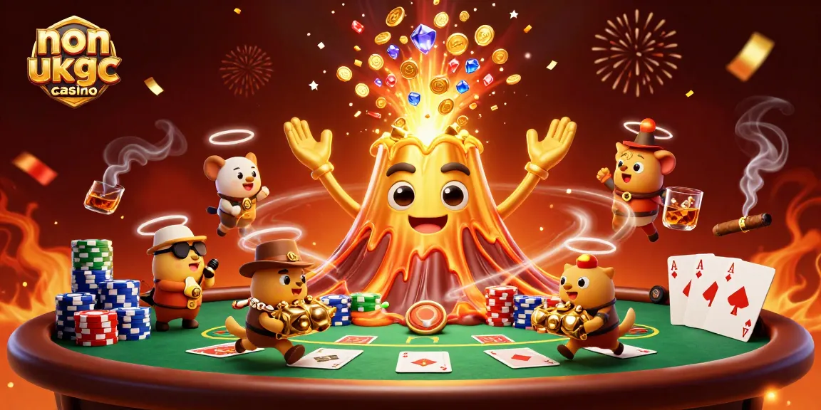 Experience the thrill of a non ukgc casino with a colorful eruption of treasure and casino excitement in this vibrant scene.