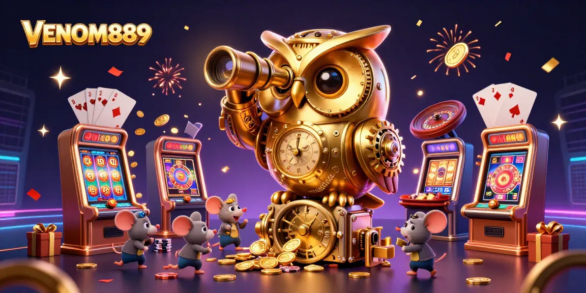 Engage with thrilling gameplay at VENOM889 featuring a clockwork owl and dynamic casino elements.