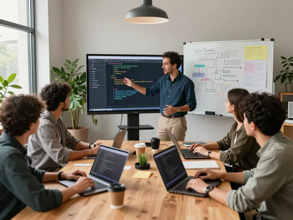 Developers collaborating on software projects at Whynotvibe workspace, showcasing teamwork and innovation in tech.