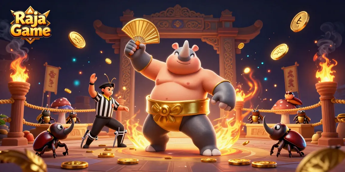 Raja Game features a colorful 3D scenario with a beetle champion amidst golden coins and betting tokens.