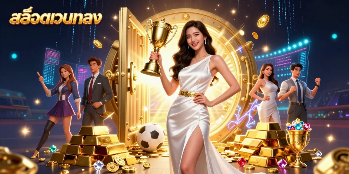 Engage with สล็อตเว็บตรง in this dynamic illustration showcasing a victorious Asian woman amidst casino treasures and sports betting elements.