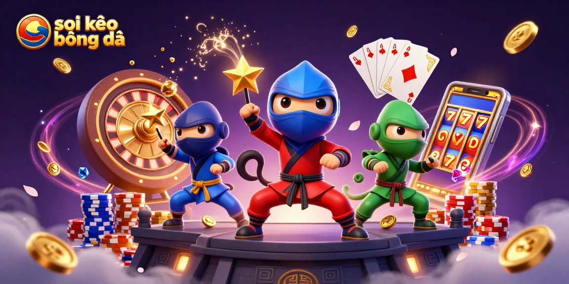 Engaging promotional illustration for soi kèo bóng đá with ninja chameleons and vibrant casino elements.