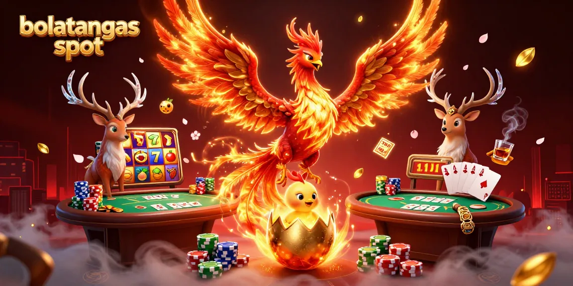Engage with bolatangkas slot featuring a fiery phoenix and rich gaming elements in a dazzling casino scene.