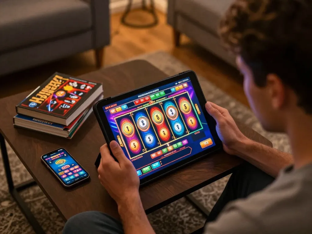 Engaging online gameplay showcasing a bonus new member offer on vibrant slot interface in a cozy home.