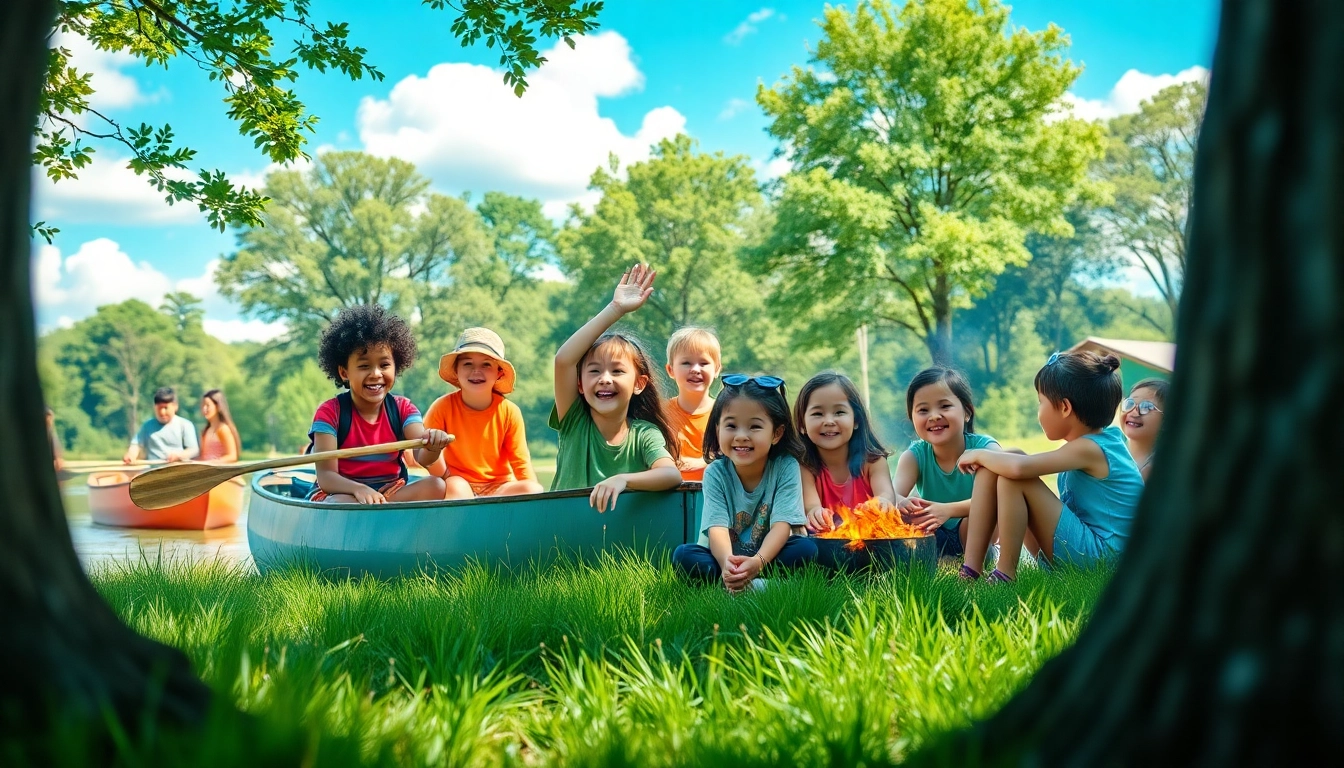 Kids enjoying activities at a summer youth camp, engaging in canoeing and games for fun.
