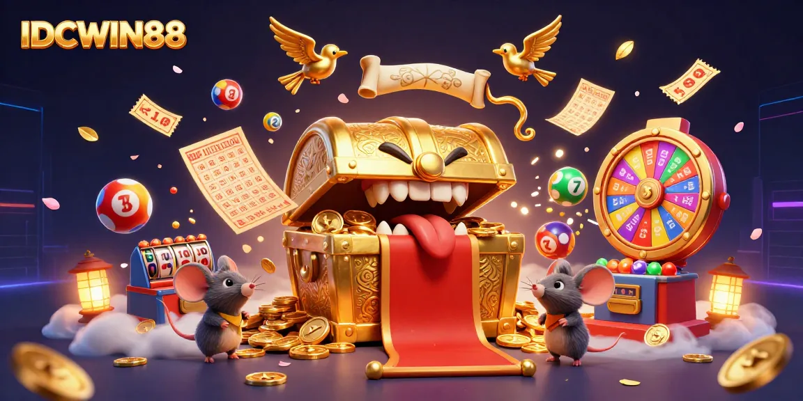 Engage with IDCWIN88, represented by a cartoon treasure chest and dynamic slot elements in vibrant colors.